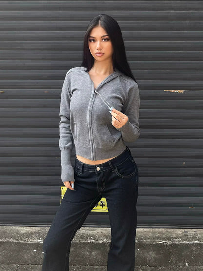 Grey Zip Knit Hoodie Slim Fit Long Sleeve Top