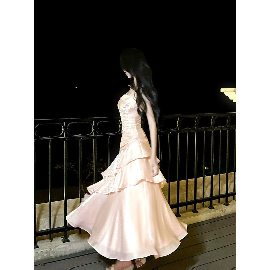 Pink Ruffle Spaghetti Strap Gown Dress