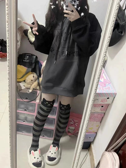 Black & Gray [Fleece-Lined] Subculture Y2K Kawaii Japanese Anime Cute Cat Print Hooded Sweatshirt