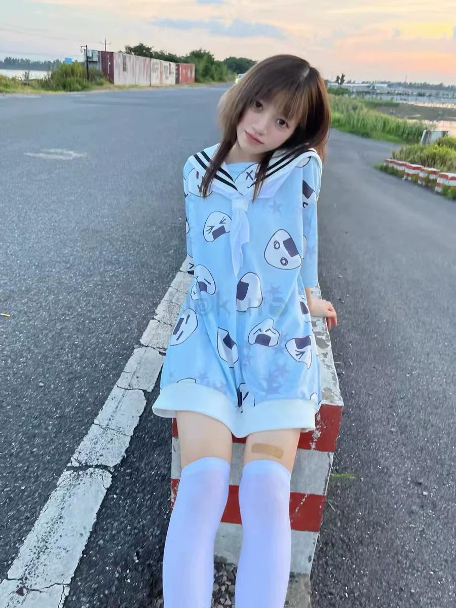 Blue (With Tie) Subculture Y2K E-girl Japanese Kawaii Navy Collar Rice Ball & Star Print Oversized Short Sleeve Top