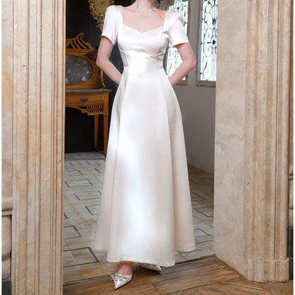 French Satin Waist Short Sleeve Gown Dress