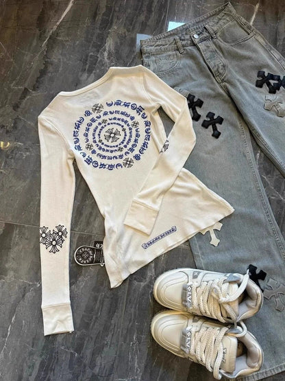 White Cross Print Subculture Y2K E-girl Light Subculture American Retro Abi Long Sleeve Top