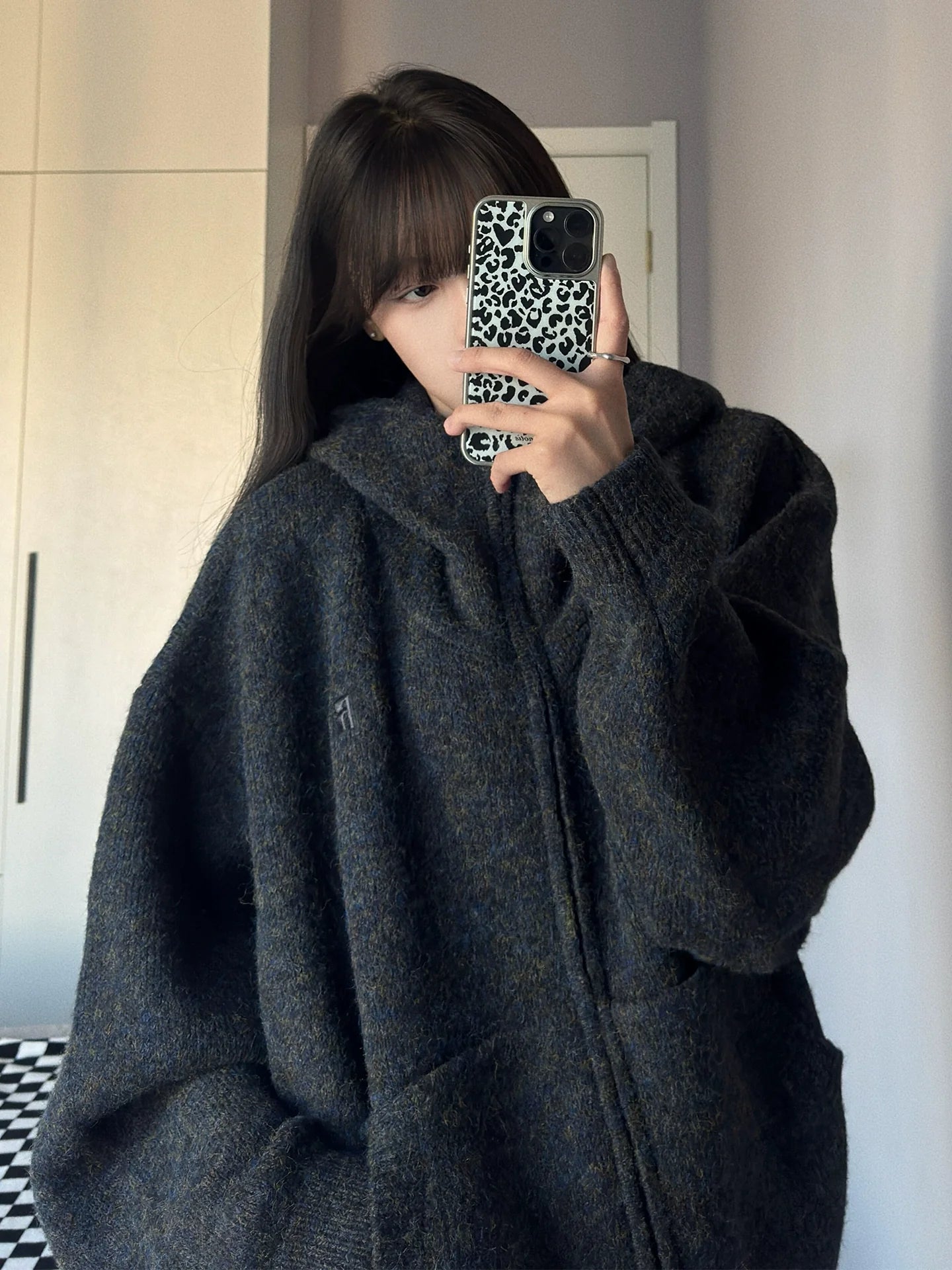 Oversized Hooded Knitted Cardigan Thick Loose Sweater Top