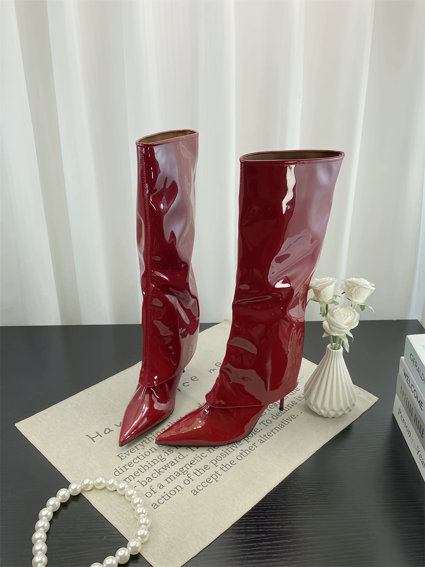 Fall Winter New European Sexy Red Patent Leather Knee High Thin Heel Luxury Pointed Toe Fashion Trouser Boots