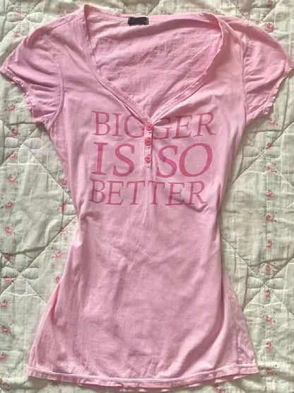 Pink Vintage V-Neck Letter Print Light Subculture Y2K T-Shirt