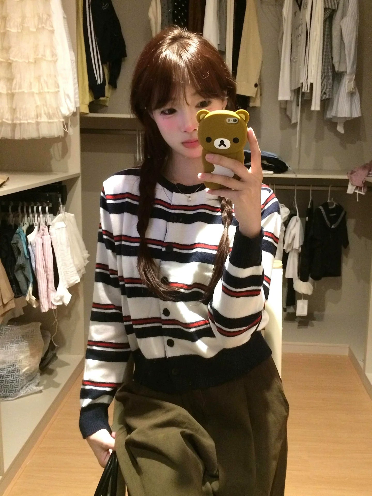 Striped Knit Cardigan Korean Lazy College Style Outerwear