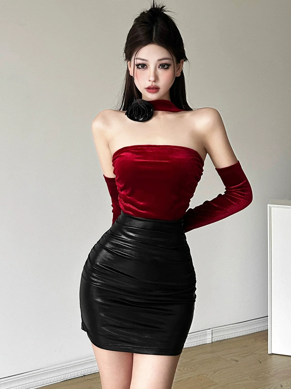 Cold & Chic Boss Lady Color-Block PU Leather Halter Dress With Arm Sleeves
