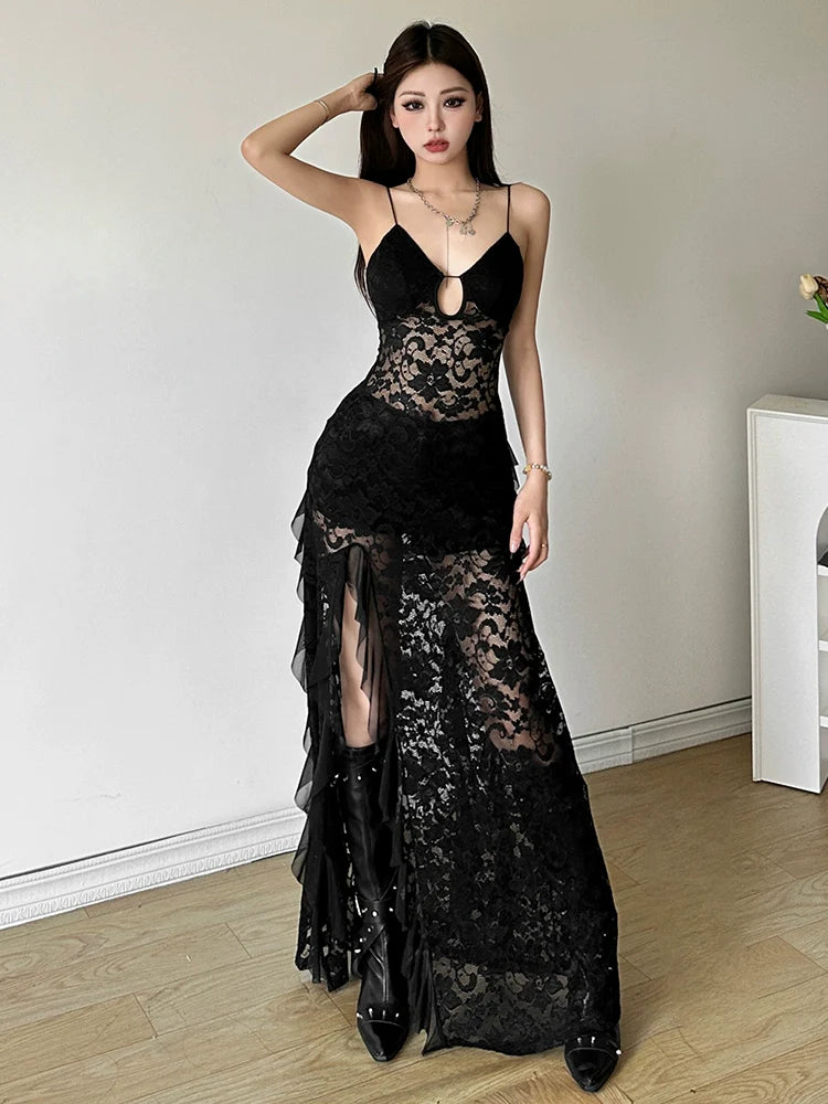 Mature Elegant Black Cutout Lace Halter Designed Slit Slimming Maxi Dress