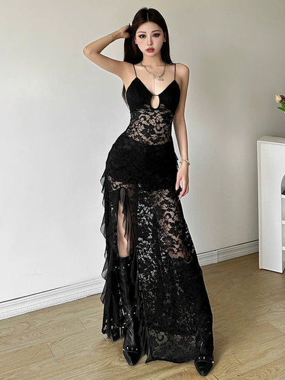 Mature Elegant Black Cutout Lace Halter Designed Slit Slimming Maxi Dress