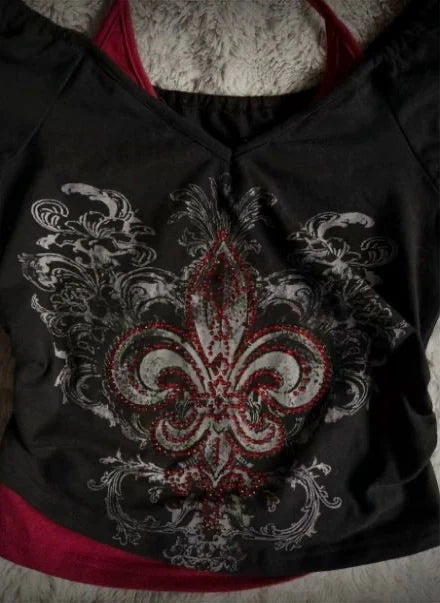 Black Red Fake Two-Piece Halter Rhinestone Y2K T-Shirt