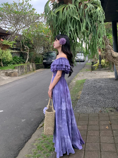 Purple Handcrafted Tie-Dye Off-The-Shoulder Maxi Dress