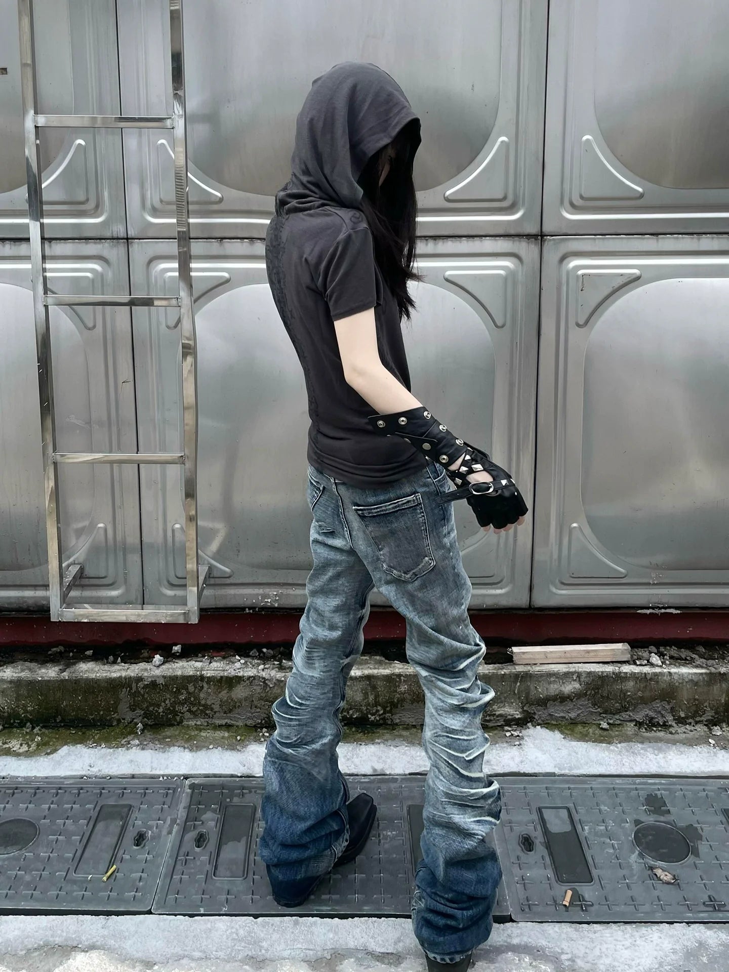 Punk Y2K Full Print Hoodie Tee Summer 2025 Visual Kei Structured Shoulder Top