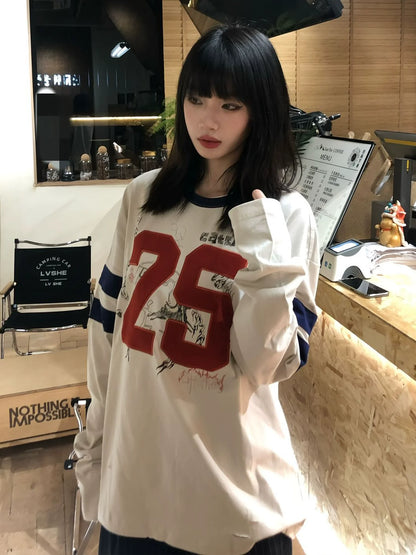 Retro Colorblock Graffiti Embroidered Long Sleeve Top