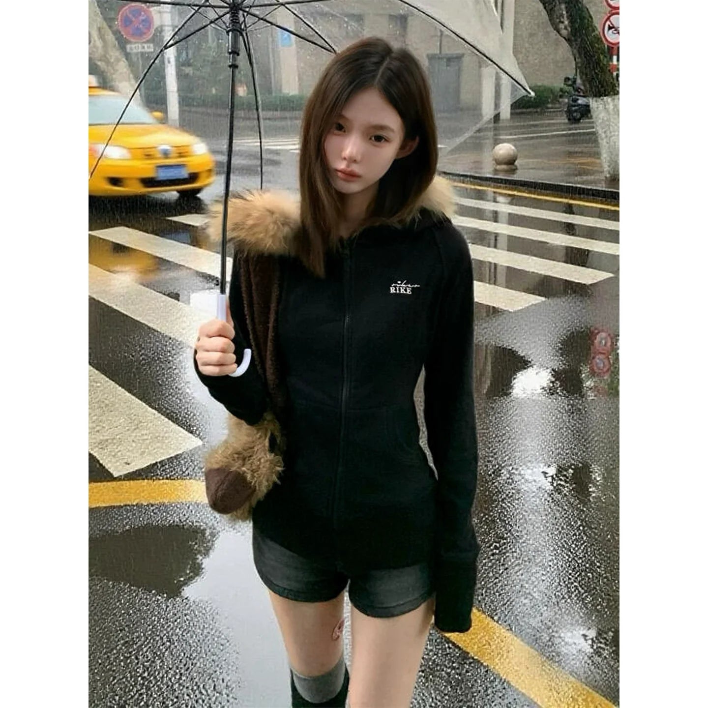 American Fitted Fur Hoodie Zip-Up Cropped Sweatshirt Jacket