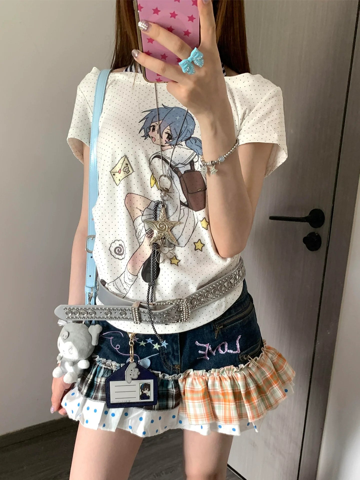 Y2K Polka Dot Halter Layered Tee Otaku Subculture Double-Layer Top