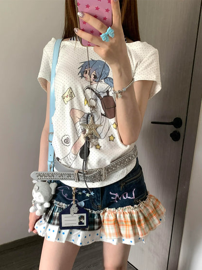 Y2K Polka Dot Halter Layered Tee Otaku Subculture Double-Layer Top