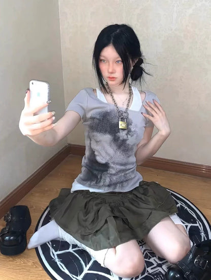 Portrait Print Punk Y2K E-girl Retro Fake Two-Piece Slim-Fit Short Sleeve Top