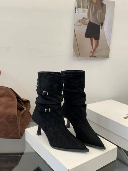 Fall Winter New French Retro Pointed Toe Thin Heel Ankle Boots Suede Slouchy Chunky Heel Western Boots
