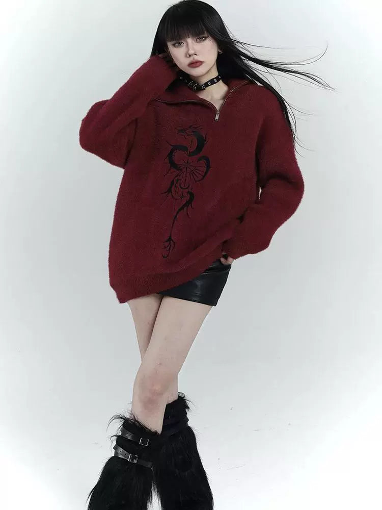 Red Y2K Retro Half-Zip Sweater