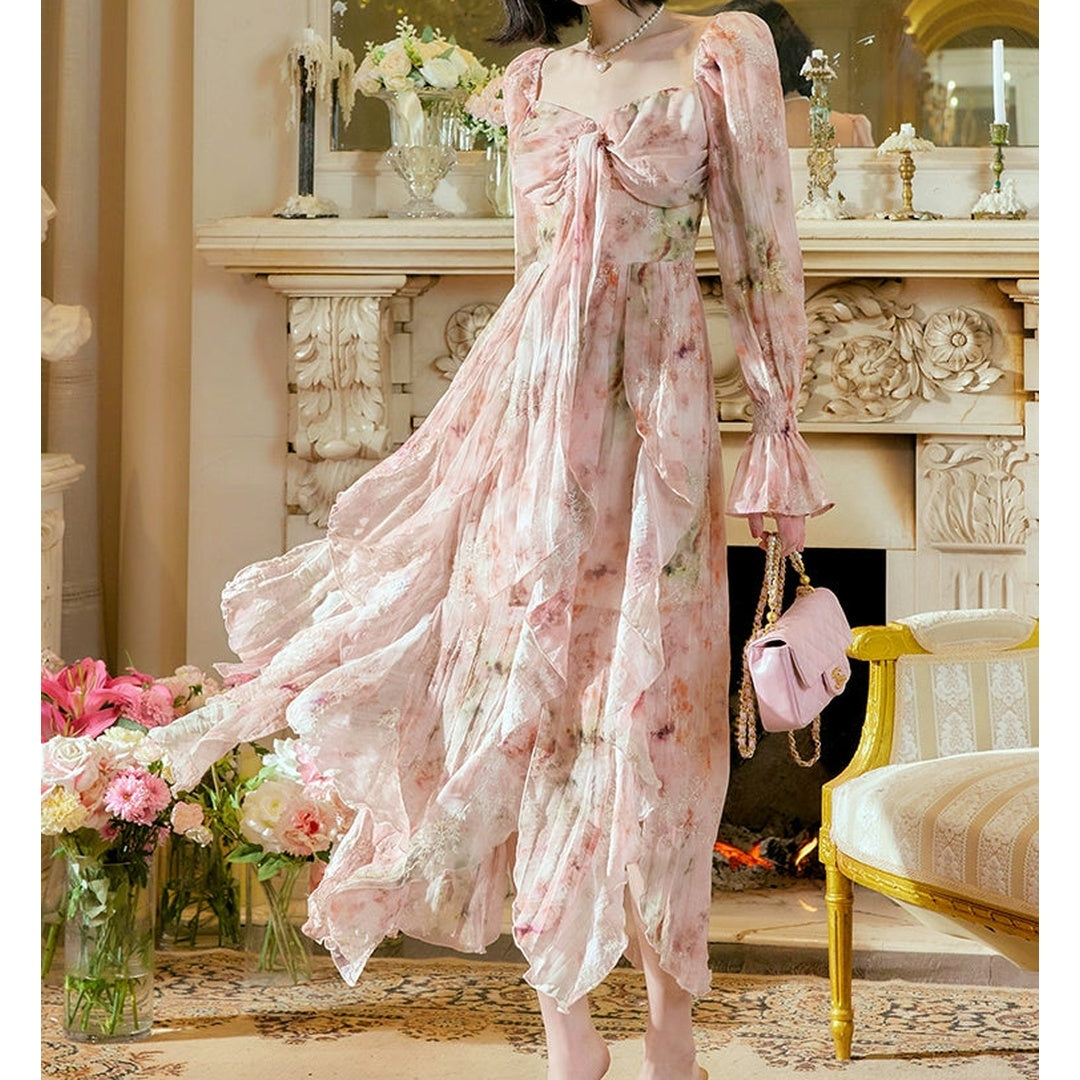 French Floral Long Sleeve Strapless Gown Dress