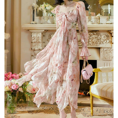 French Floral Long Sleeve Strapless Gown Dress