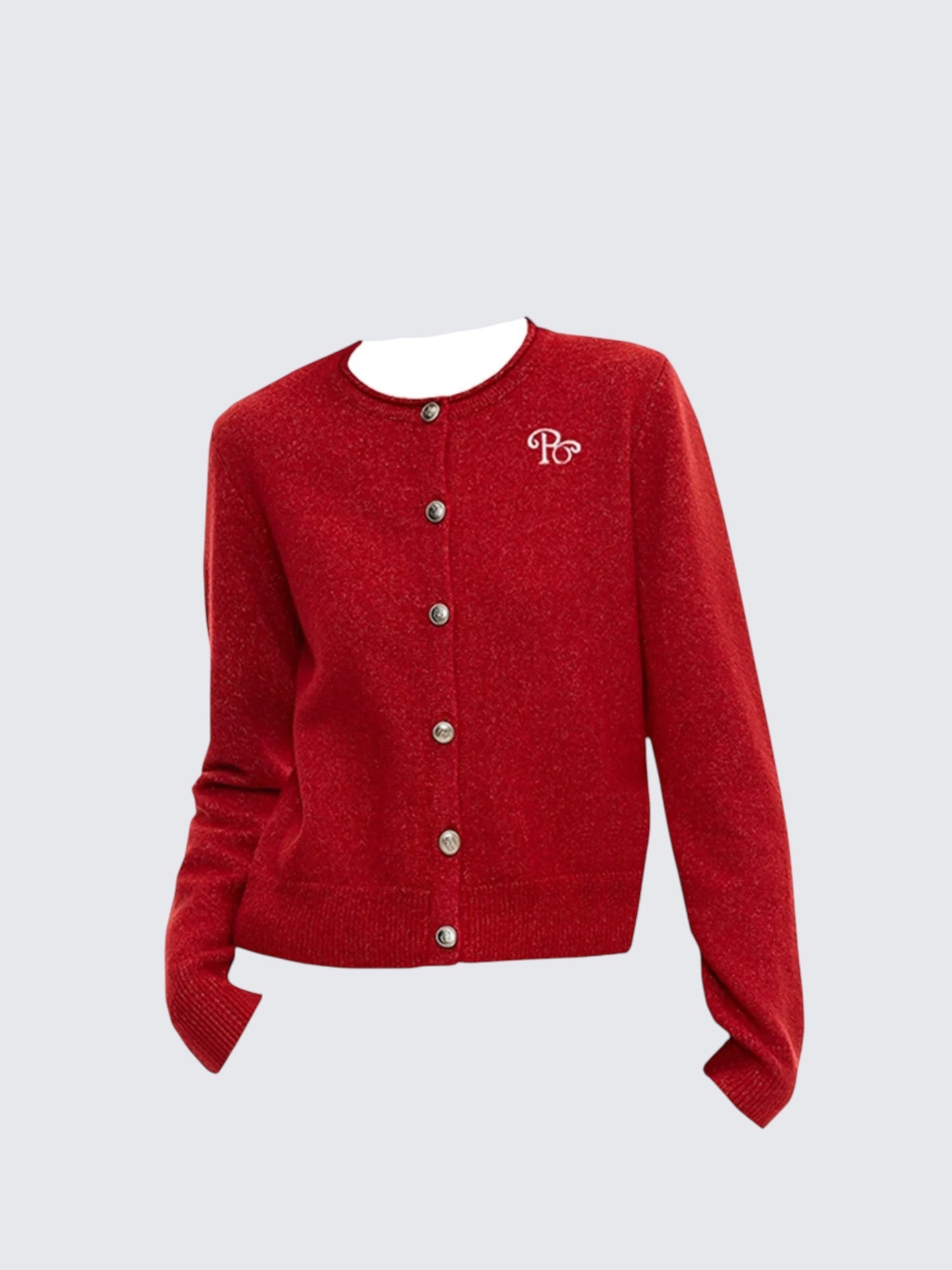 Red Embroidered Preppy Knit Cardigan