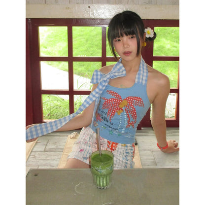 Blue Tropical Print Halter Neck Y2K Crop Top