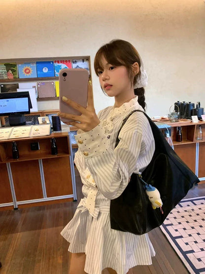 Korean-Style Polka Dot Cardigan + Stripe Dress Two-Piece Set