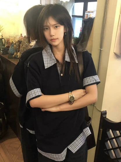 Two-Piece Look Polo Tee Navy Short Sleeve Top