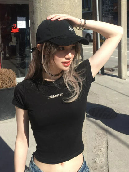 American Letter Print Fitted Crop Tee Stretch Cotton Structured Shoulder Short Sleeve Top