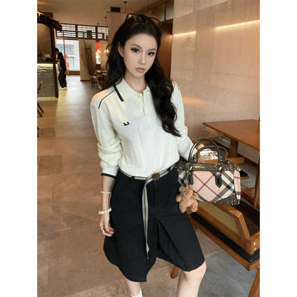 Classic Polo Cable Knit Sweater Loose Fit Top
