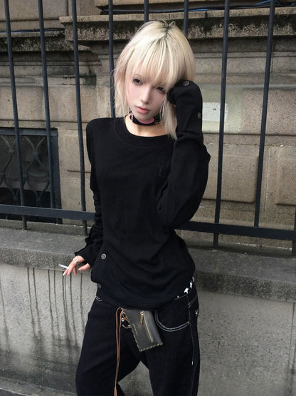 Y2K Subculture Black Long Sleeve Tee Fitted Layered Visual Kei Top