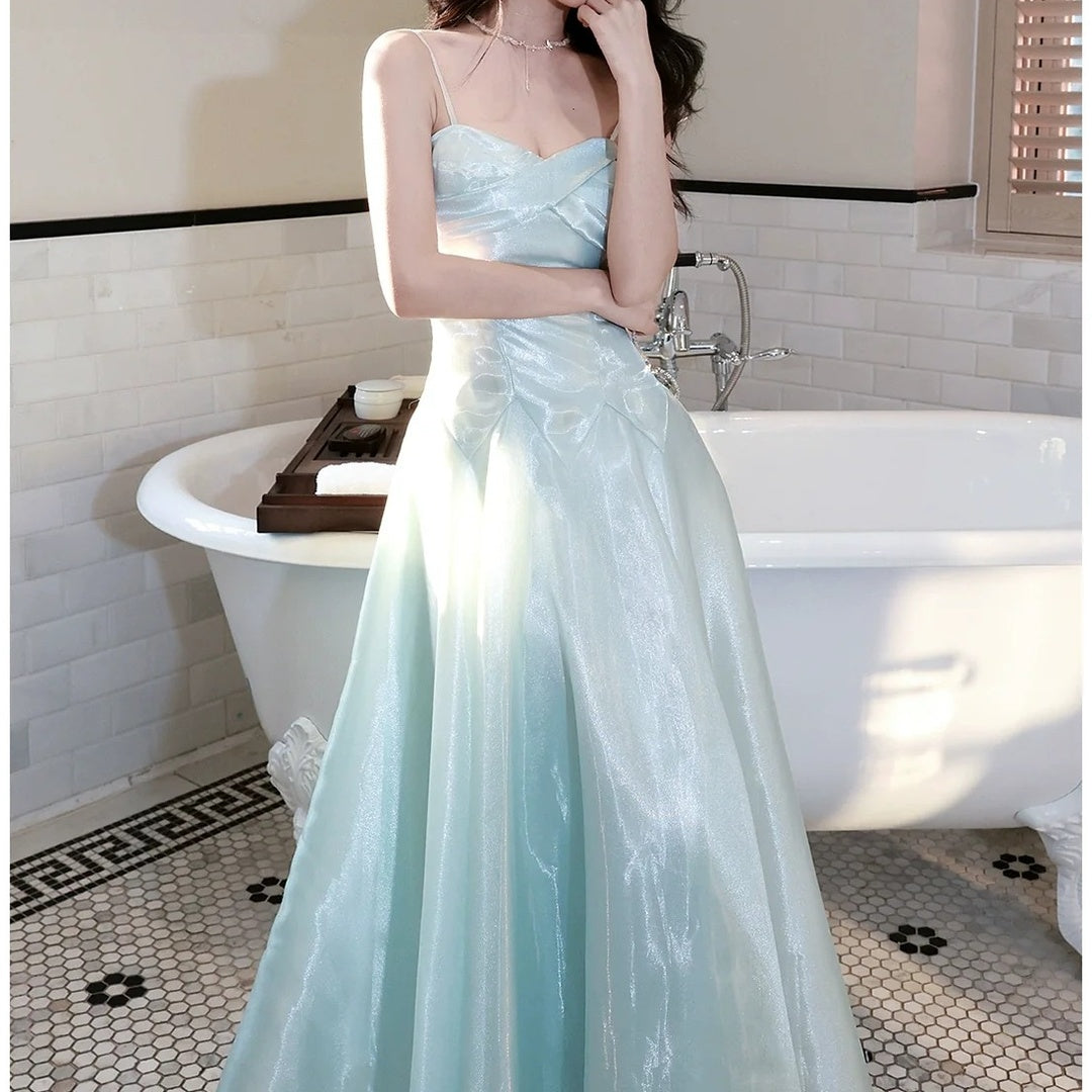 French Blue Spaghetti Strap Fitted Waist Flared Gown Dress