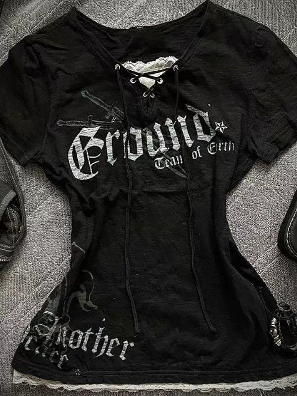 Black Punk Y2K E-girl Shibuya Girl Fake Two-Piece Lace Print Slim-Fit Short Sleeve Top