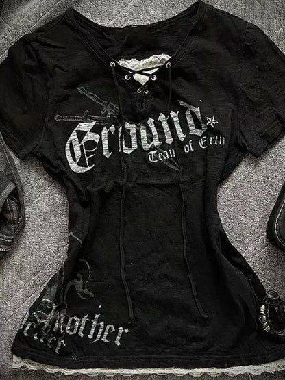 Black Punk Y2K E-girl Shibuya Girl Fake Two-Piece Lace Print Slim-Fit Short Sleeve Top