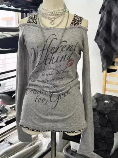 Gray Vintage Leopard Print Panel Off-The-Shoulder Fake Two-Piece Y2K T-Shirt