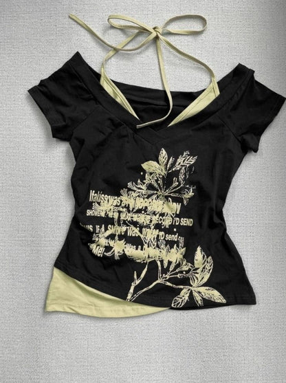 Navy Blue Original Y2K E-girl Vintage Halter Off-Shoulder Fake Two-Piece Short Sleeve Top