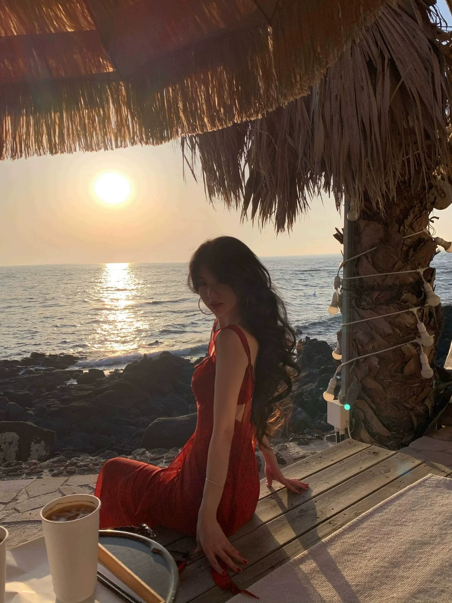 French Red Ombre Backless Slip Dress with Ribbons