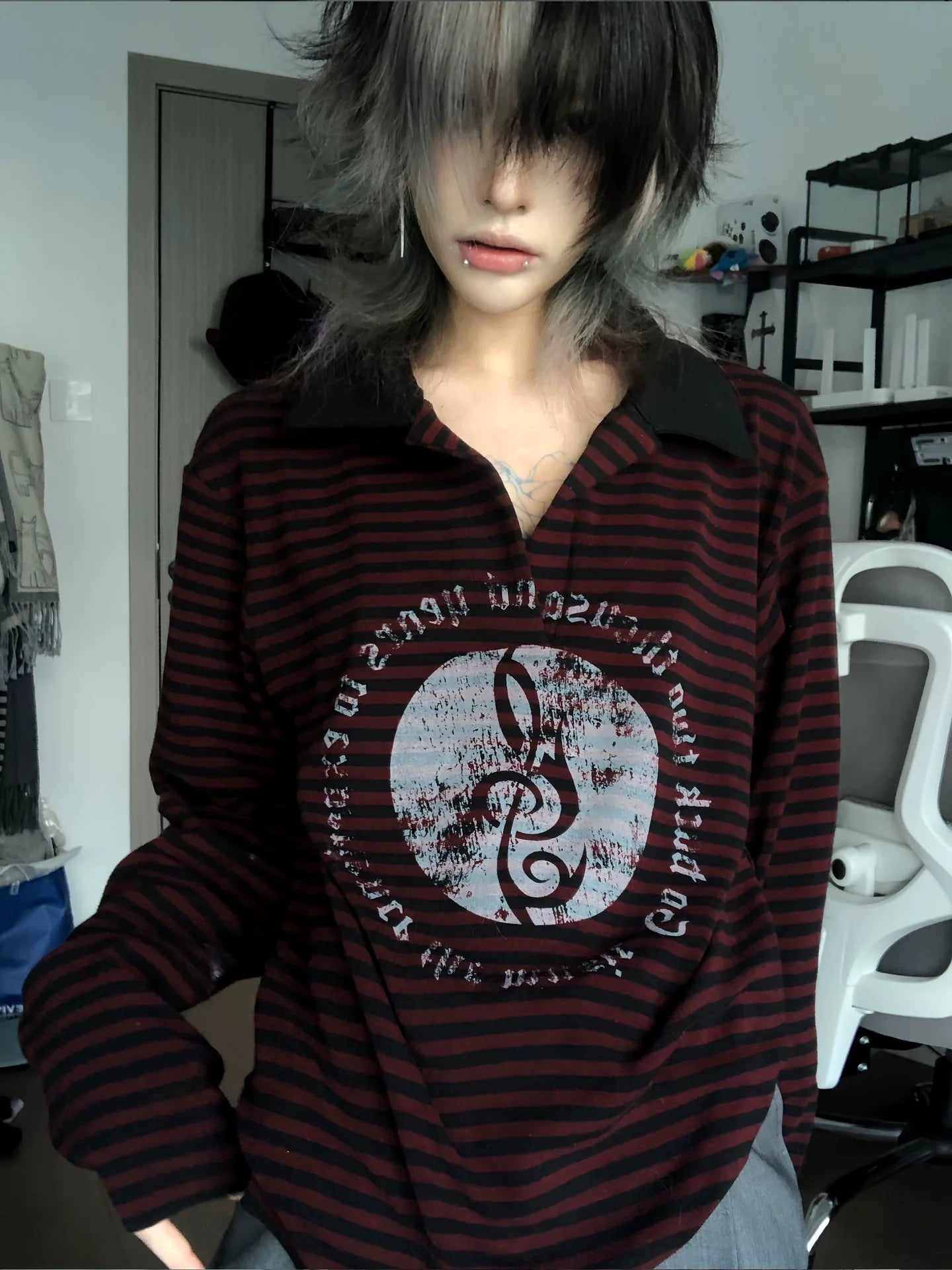 Subculture Black-Red Striped Polo Top Music Note Print Visual Kei Shirt