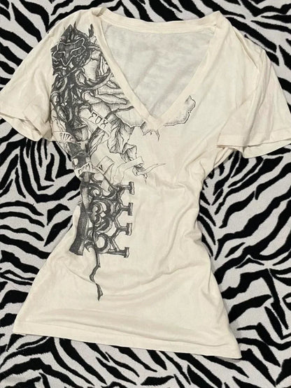 White Subculture Rock Punk Y2K Abi E-girl American Retro V-neck Print Short Sleeve Top