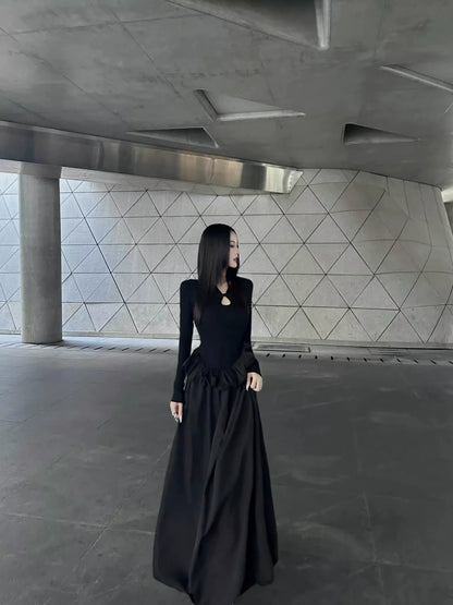 Chinese-Inspired Black Long-Sleeve Cheongsam-Style Waist-Cinched Maxi Dress
