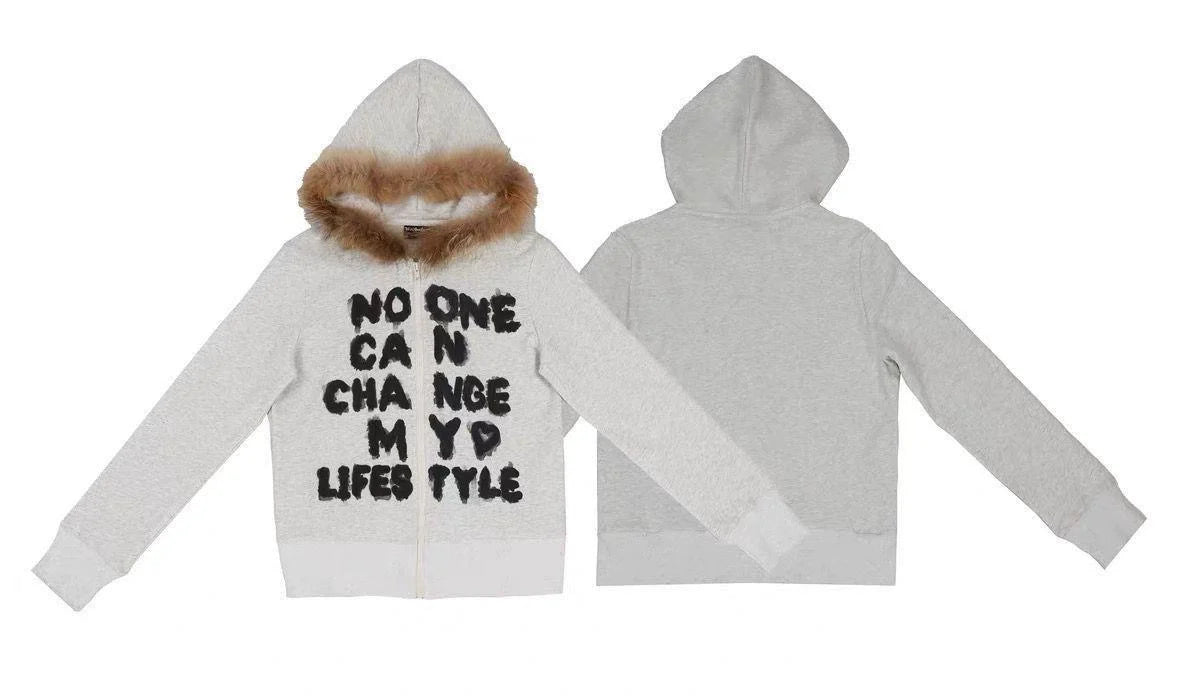 Fur-Collar Hoodie Jacket [Spring-Autumn] Subculture Punk Y2K E-girl Abi American Style Light Subculture Long-Sleeve Jacket