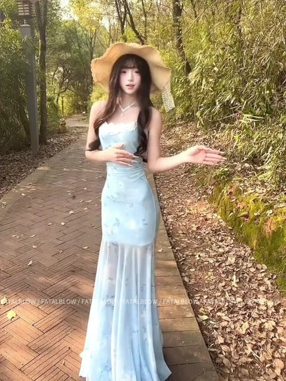 French Blue Floral Camisole Pure Desire Waist-Cinched Mermaid Maxi Dress