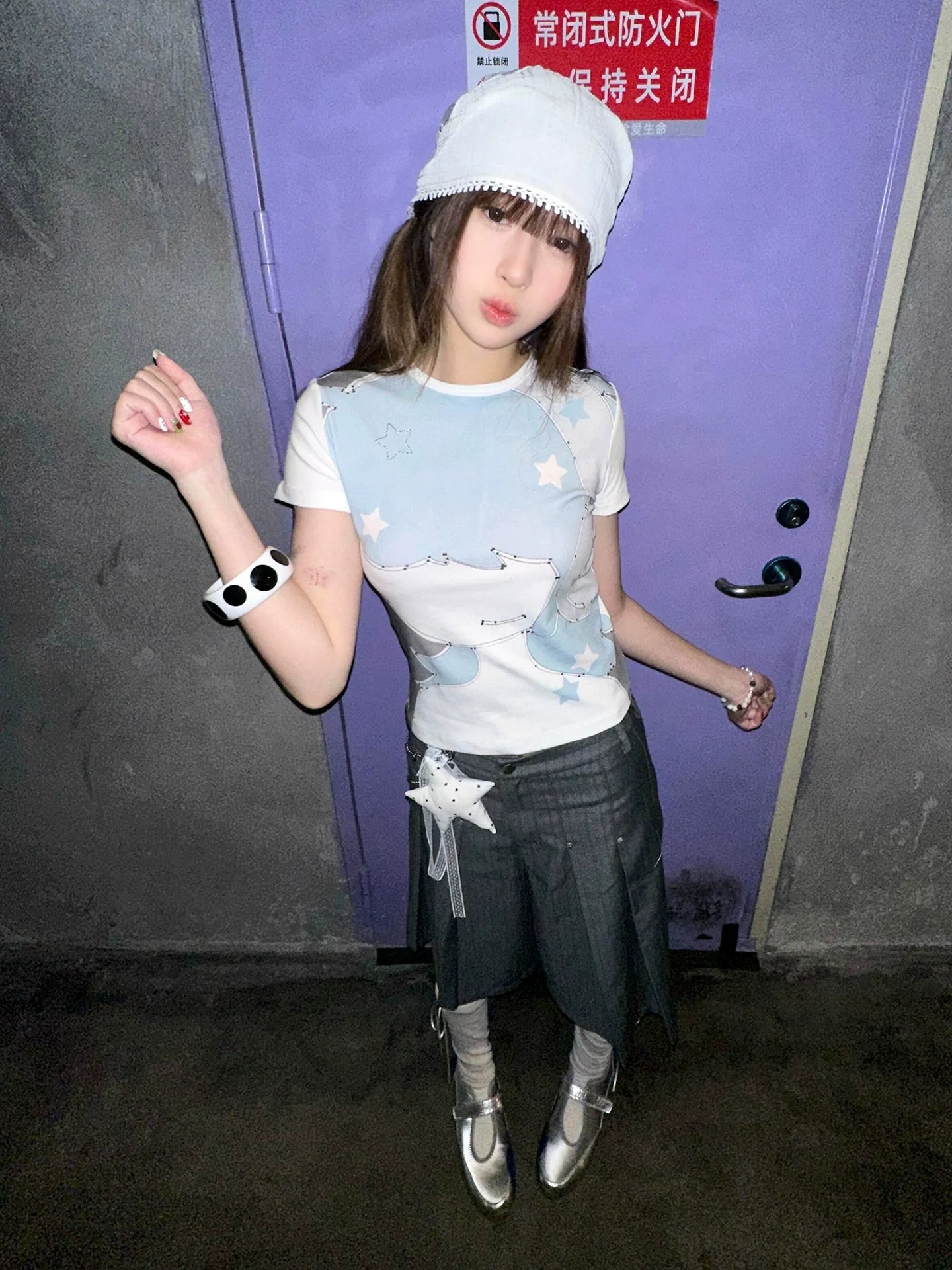 Y2K Straight-Shoulder Tee Star Cartoon Print Fitted Crop Top