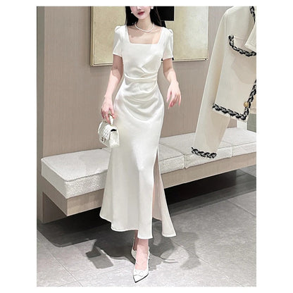 French White Short Sleeve Satin Engagement Gown Dress