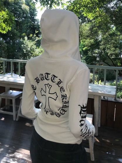 American Gothic Fitted Hoodie Jacket Retro Letter Print Zip-Up Sweatshirt