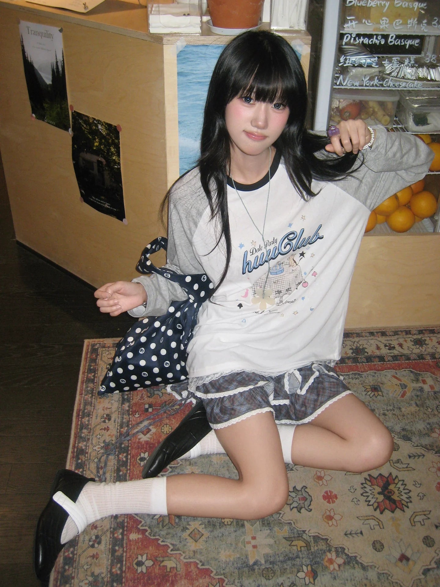 Korean Ambient Raglan Long Sleeve Tee Early Autumn Cartoon Print Lace Trim Loose Top