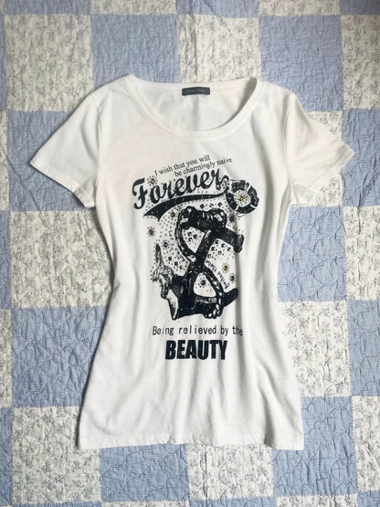 White Subculture Y2K E-girl Abi American Retro Vintage Print Waist-Cinched Short Sleeve Top