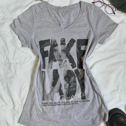 Gray Subculture Original Punk Y2K E-girl Retro V-neck Print Slim Short Sleeve Top