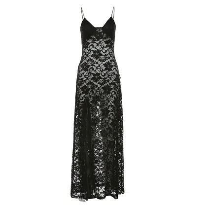 Mature Elegant Black Cutout Lace Halter Designed Slit Slimming Maxi Dress